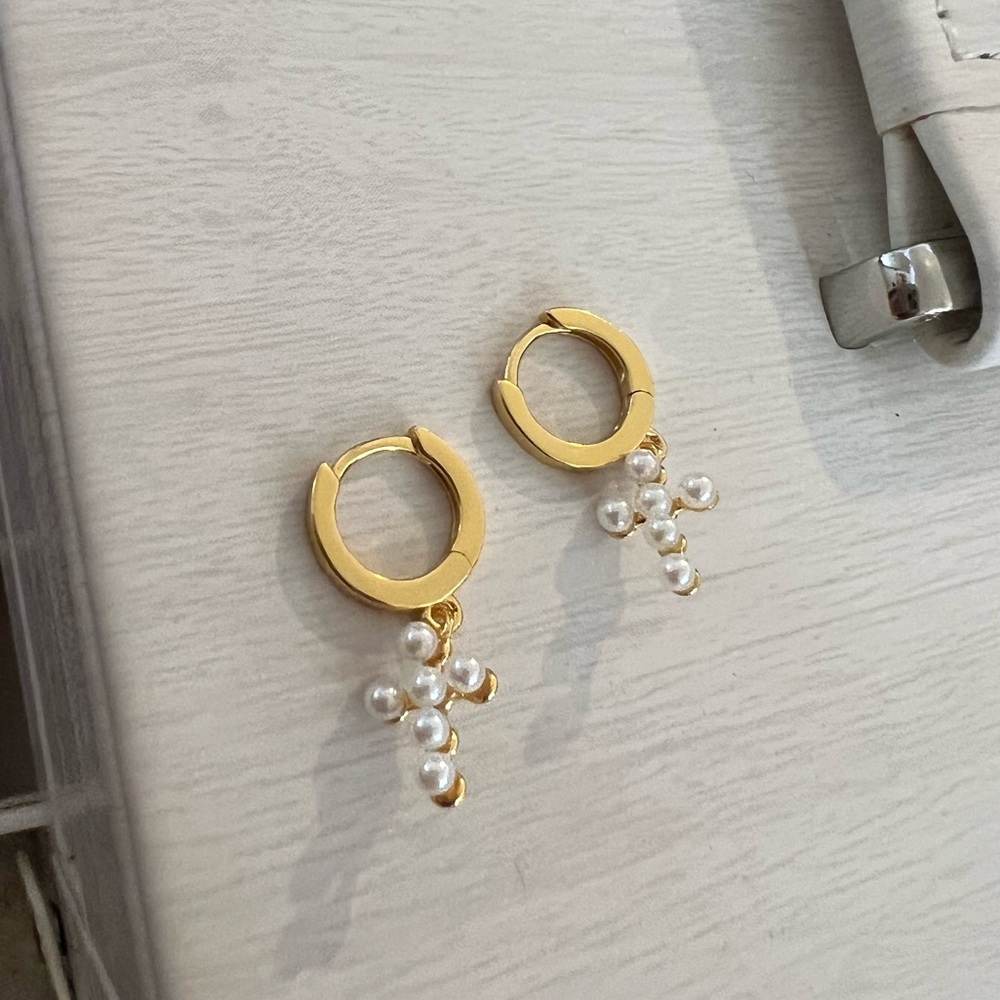 Gold Pearl Cross Huggie Earrings